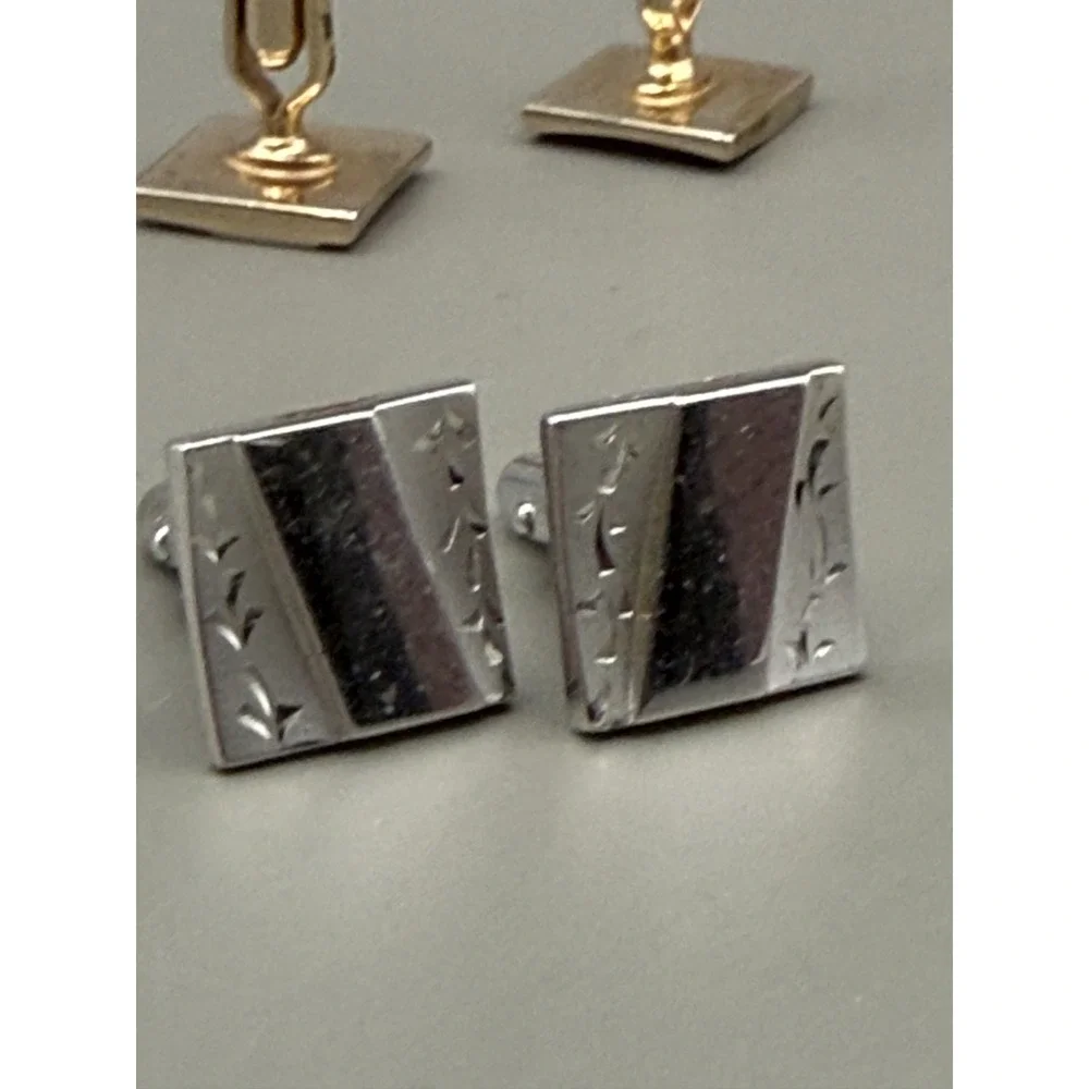 Anson Cufflinks Lot 2 Pair Mens Gold Silver Tone Etched Rectangular Bullet Back